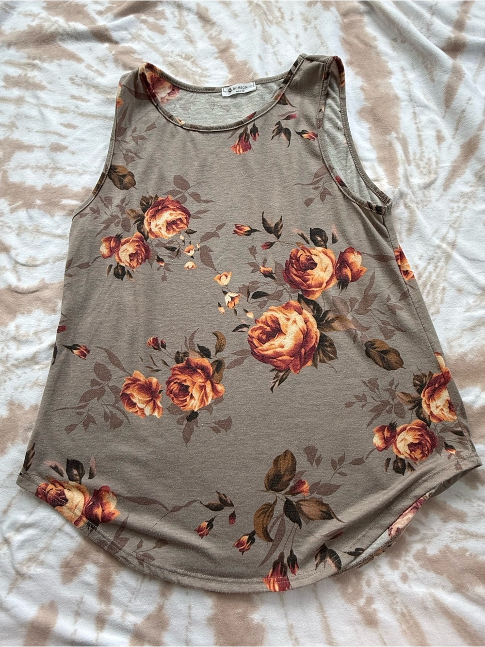 Floral Tank Top - Taupe with Rust Rose Print